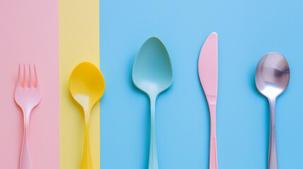 A playful array of colorful cutlery laid out on a vibrant pastel background, including spoons, forks, and knives, evoking a sense of whimsy and fun.