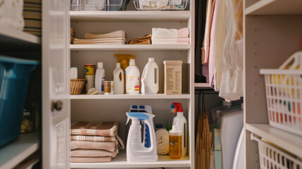 Neatly organized closet with cleaning supplies and household items, showcasing functionality and order in home storage.