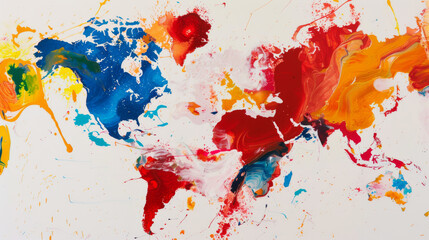 A vivid, abstract world map painted in red, blue, yellow, and orange splashes creates a dynamic, global artwork on a white background.