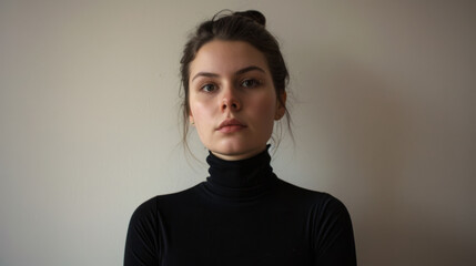 A young woman in a black turtleneck stares directly at the camera with a serene but intense expression, framed by a neutral background.