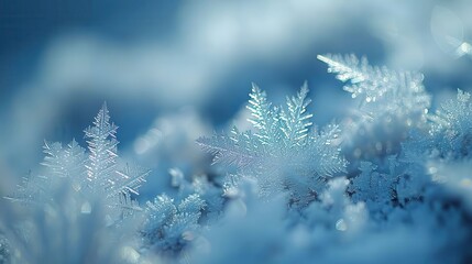 Obraz premium A mesmerizing close view of snowflakes on a cold winter day, with intricate patterns and blue hues, capturing the serene and detailed beauty of winter.