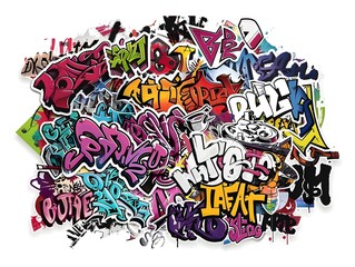 Stylish Streetwear Graffiti Sticker Design with Colorful Textures and Bold Typographic Elements on White Background