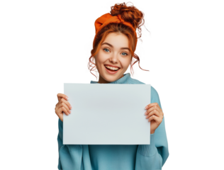 isolated cheerful woman holding empty paper in her hands, smiling girl showing blank paper card to camera