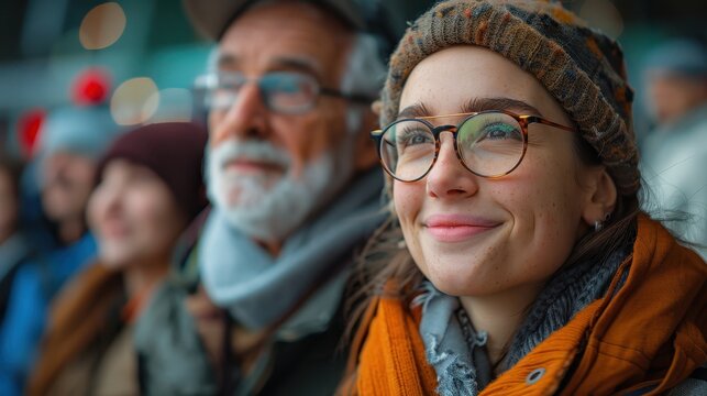 A young woman with glasses enjoys an event alongside an elderly man, expressing a sense of warmth, connection, and the shared experience of joyous moments across generations.