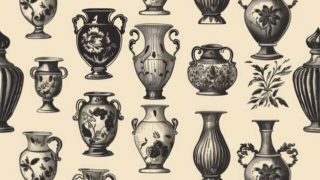 Animated video background with seamless loop movement of Antique vases illustration pattern