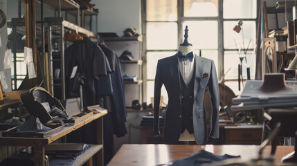 A tailor's workshop featuring a distinguished mannequin dressed in an elegant suit amidst tools and fabric.