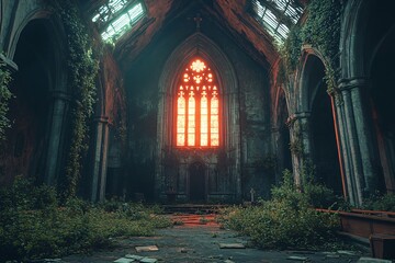 An abandoned church overgrown with vines but a single glowing window illuminates the interior