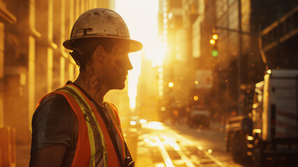 A construction worker in a reflective vest and hard hat captured in the golden glow of a city at sunset, symbolizing hard work and dedication.