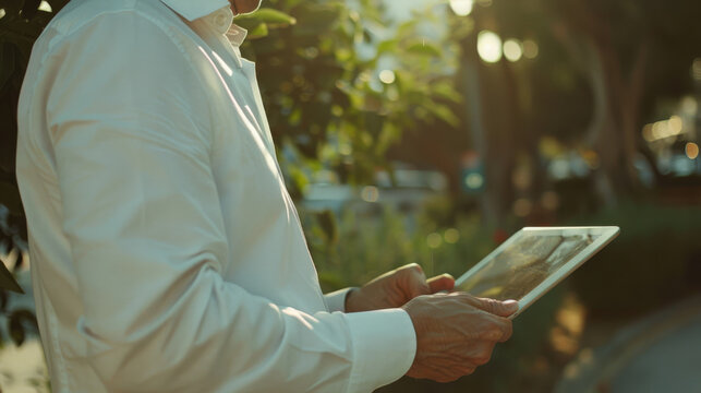 A man in a white shirt uses a tablet outside, enveloped in the warm glow of a setting sun and surrounded by green foliage.