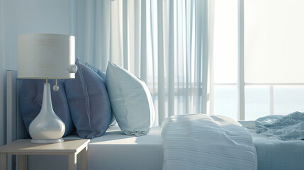 Sunlight fills the serene bedroom featuring white and blue pillows, a stylish table lamp, and soft, flowing curtains.