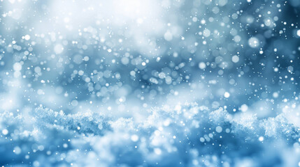 Fototapeta premium A snowy abstract background with a soft focus effect, featuring blurred snowflakes falling gently against a cool, icy blue backdrop. The dreamy effect creates a tranquil winter scene.