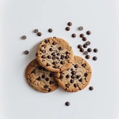 three chocolate chip cookies on a white surface