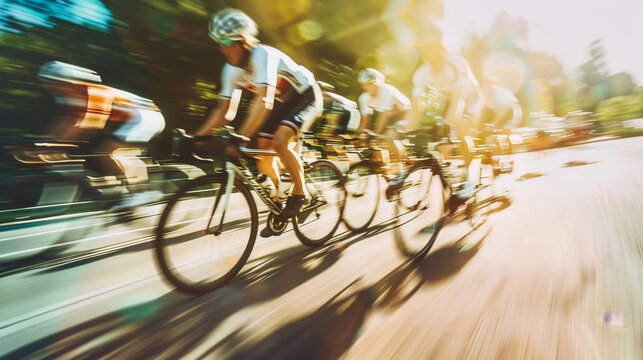 A group of cyclists in motion, blurred by speed and sunlight, suggesting a competitive race in an outdoor setting.