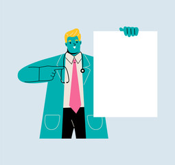 Doctor holding blank board in his hand. Colored flat vector illustration
