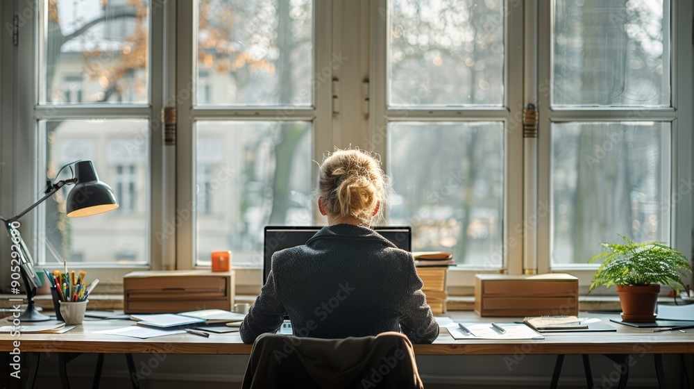 Poster woman working at a desk with a computer in a sunlit office space. generative ai