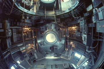 An inside view of a highly sophisticated and futuristic nuclear fusion reactor chamber, filled with intricate machinery.