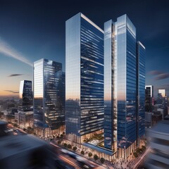 Naklejka premium Modern Architecture: Reflective Skyscrapers and Business Office Buildings