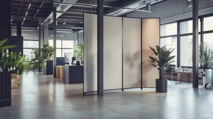 A modern office space, accented with plants and minimalistic furniture, appears inviting and productive.