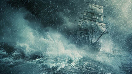 A majestic ship battles stormy seas, with waves crashing and strong winds, emulating adventure and resilience.