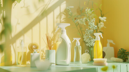 Sunlit shelf holding an array of colorful cleaning products with fresh flowers and decor.