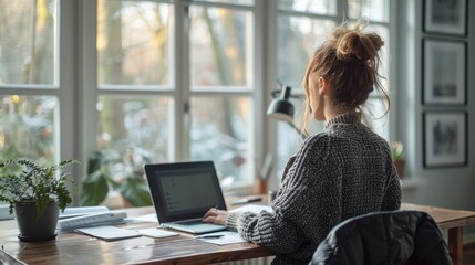 Young Woman Working on Laptop at a Cozy Desk Surrounded by Natural Light in a Modern Home Office. Generative AI