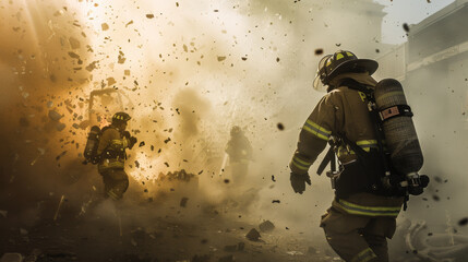Fototapeta premium Firefighters navigate through a chaotic scene of flying debris and intense smoke during an active emergency response.