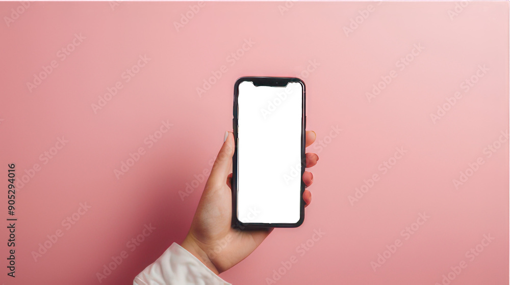 Poster hand holding mobile phone with blank screen and copy space on pink background created with generativ