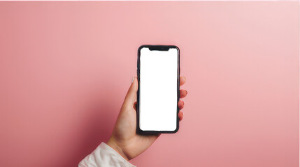 Hand holding mobile phone with blank screen and copy space on pink background created with Generative AI