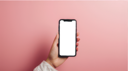 Hand holding mobile phone with blank screen and copy space on pink background created with Generative AI