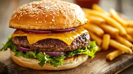 Tasty cheeseburger and fries on wooden board. Food delivery concept