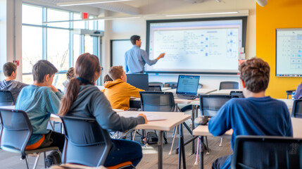 A bright classroom with attentive students and a teacher writing mathematical formulas on an interactive whiteboard.