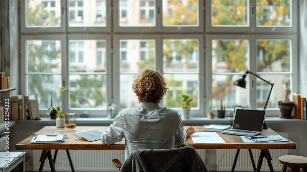 Poster individual working at a desk in a brightly lit room with large windows overlooking trees. generative