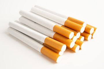 Cigarette on US dollar banknotes, cost, trading, marketing and production, No smoking, import export concept.