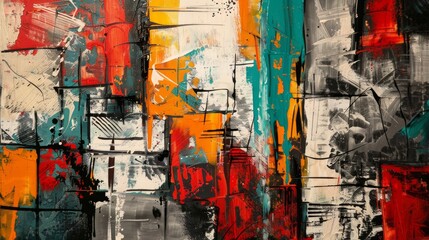 Fototapeta premium Vibrant abstract painting with colorful patches on a textured brown background, showcasing dynamic brushstrokes for a lively and complex composition.