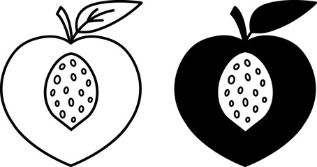 Peach Icons. Black and White Vector Icons. Peach with Pit. Sweet Dessert. Organic and Healthy Food. Fruit Concept