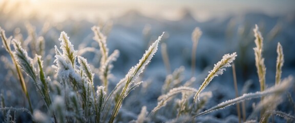 Naklejka premium Beautiful Christmas winter image of nature Grass stems in the morning light in snowdrift are covered with frost hoarfrost close-up outdoors Winter snowy background with copy space.