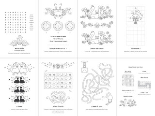 Set of seven games. Cats Theme. French language. Vector illustration. Set No. 2.