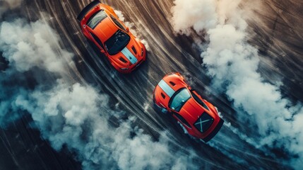 Two identical orange sports cars racing down an asphalt track, emitting white smoke. Close competition, Dark background, dusty track, possibly a drone angle.