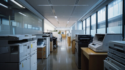 A sleek, modern office space with abundant natural light, featuring efficient layout and modern equipment for a productive work environment.