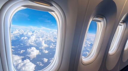 A serene image through airplane windows shows fluffy clouds against a blue sky. The peaceful scene captures the beauty of flying above the clouds.