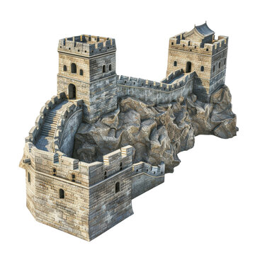 A detailed 3D model of the iconic Great Wall of China, showcasing its ancient architecture and historic significance on a rocky terrain.