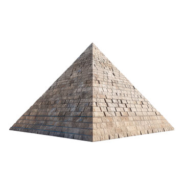 A detailed view of an ancient Egyptian pyramid made of large stone blocks, isolated on a white background.