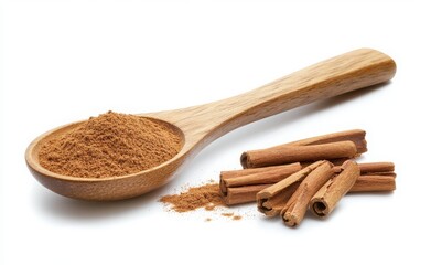 Cinnamon sticks and a wooden spoon with ground cinnamon powder were ejected onto a white background in the style of offset sailing for a food photo
