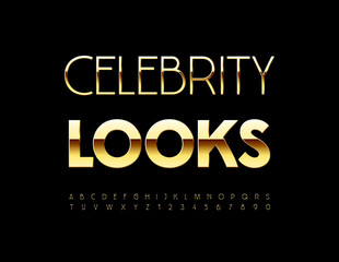 Vector modern emblem Celebrity Looks. Unique Gold Font. Trendy Luxury Alphabet Letters and Numbers set.