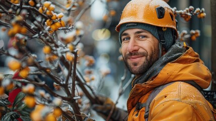 A man in an orange jacket and helmet, smiling while performing outdoor work in a snowy environment, focusing on a tree with yellow fruits.