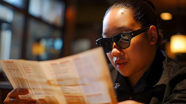 Visually Impaired Person Reading Braille Menu at Restaurant with Confidence