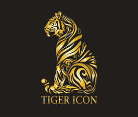 Tiger logo emblem template mascot symbol for business or shirt design isolated on black background. Head tiger vector illustration. Tiger logo design. Gold. Icon. Wild life. Animal. Tattoo sign.