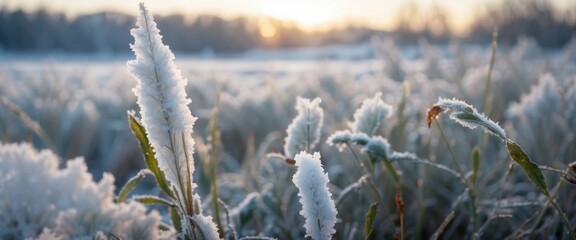 Beautiful Christmas winter image of nature Grass stems in the morning light in snowdrift are covered with frost hoarfrost close-up outdoors Winter snowy background with copy space.