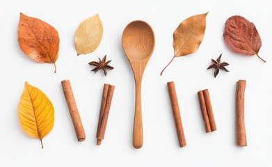 Cinnamon sticks and a wooden spoon with ground cinnamon powder were ejected onto a white background in the style of offset sailing for a food photo