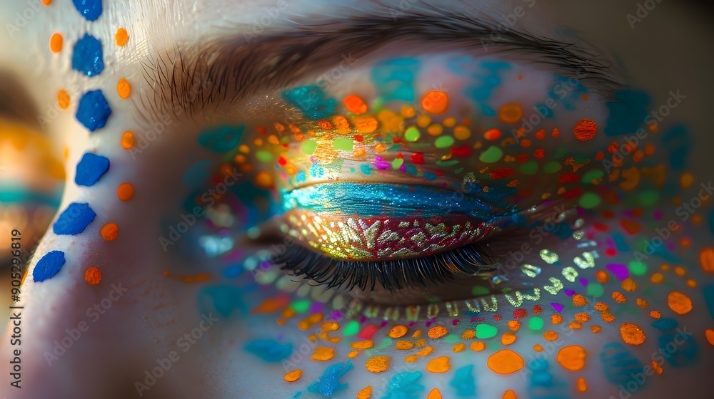 Poster closed eyes immersed in vibrant conceptual patterns symbolizing inner vision and transcendence